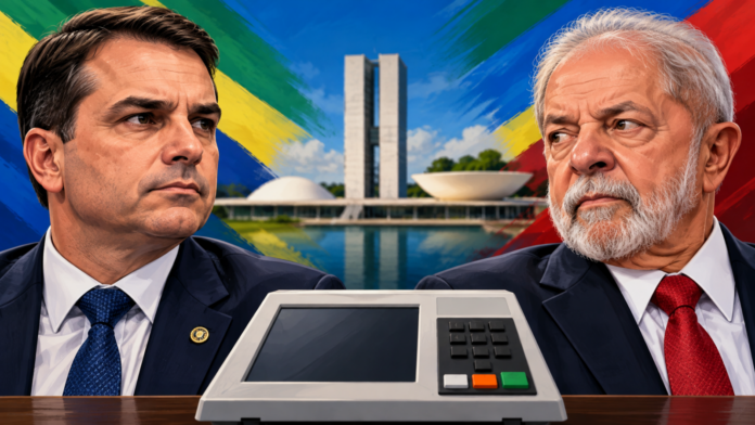 Ilustração editorial de Flávio Bolsonaro e Lula, com urna eletrônica e Congresso Nacional ao fundo, para notícia sobre a pesquisa Quaest do segundo turno de 2026