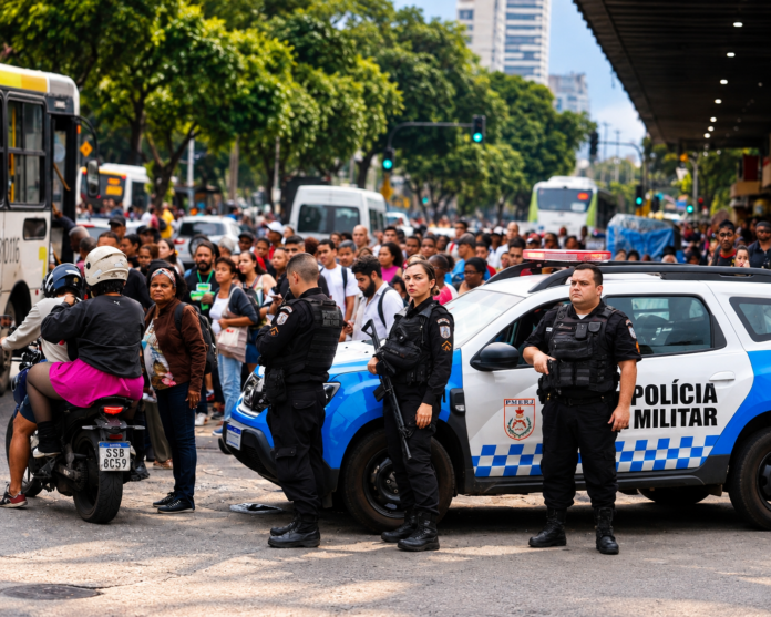 Imagem ilustrativa gerada por inteligência artificial de policiais militares, viatura e multidão em via urbana, representando o debate sobre segurança pública nas eleições de 2026