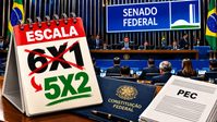 Ilustração sobre a PEC do fim da escala 6x1 no Senado, com calendário de mudança para 5x2.