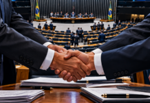 Ilustração de aperto de mãos em primeiro plano com o plenário da Câmara dos Deputados ao fundo, representando articulações partidárias