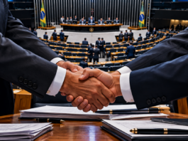 Ilustração de aperto de mãos em primeiro plano com o plenário da Câmara dos Deputados ao fundo, representando articulações partidárias