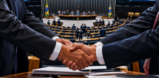 Ilustração de aperto de mãos em primeiro plano com o plenário da Câmara dos Deputados ao fundo, representando articulações partidárias