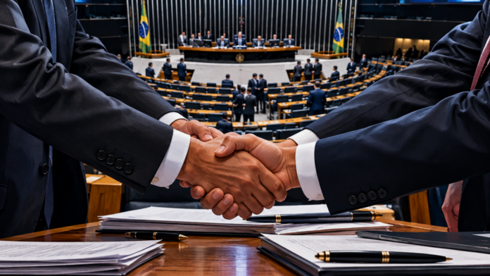 Ilustração de aperto de mãos em primeiro plano com o plenário da Câmara dos Deputados ao fundo, representando articulações partidárias